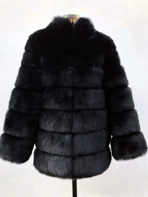 Faux Fur Coat Stand Collar Long Sleeves Solid Color Eco-friendly Fur Coat For Women